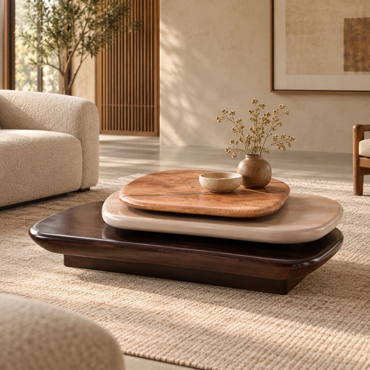 Pebble Rotating 3-Tier Solid Wood Coffee Table - Centre Tables - Gharaana