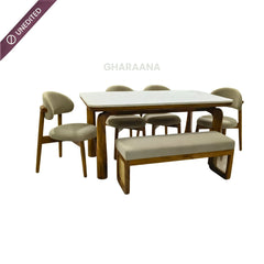 Vuta Marble-Top Wooden Dining Table Set - Dining Set - Gharaana