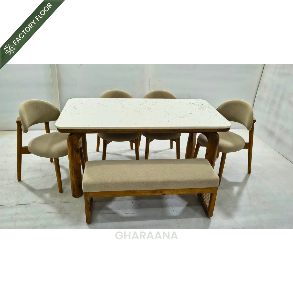 Vuta Marble-Top Wooden Dining Table Set - Dining Set - Gharaana