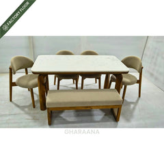 Vuta Marble-Top Wooden Dining Table Set - Dining Set - Gharaana