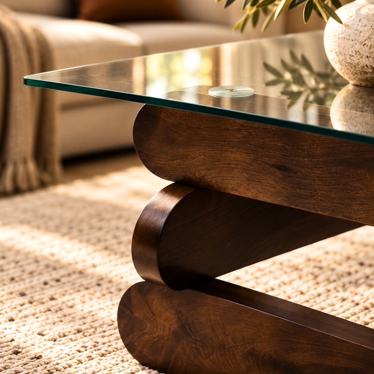 Kaira Glass Top Solid Wood Center Table - Centre Tables - Gharaana