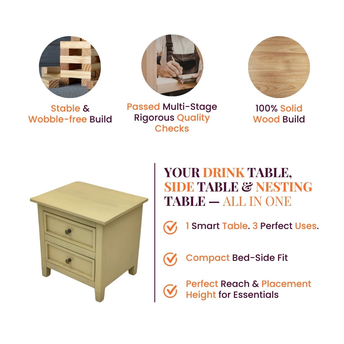 Kavya Wooden Bedside Table - Bedsides - Gharaana