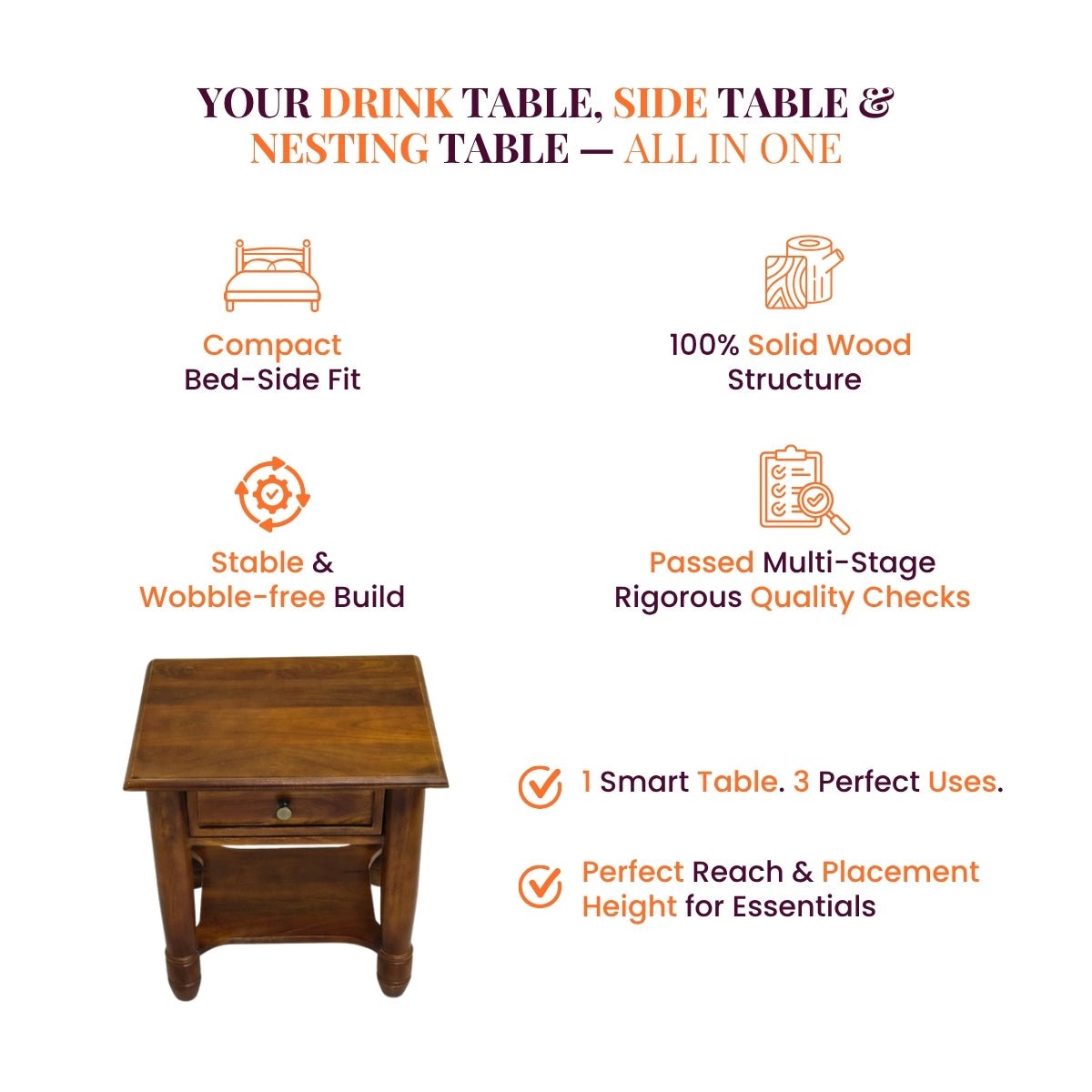 Cheryl Wooden Bedside Table - Bedsides - Gharaana