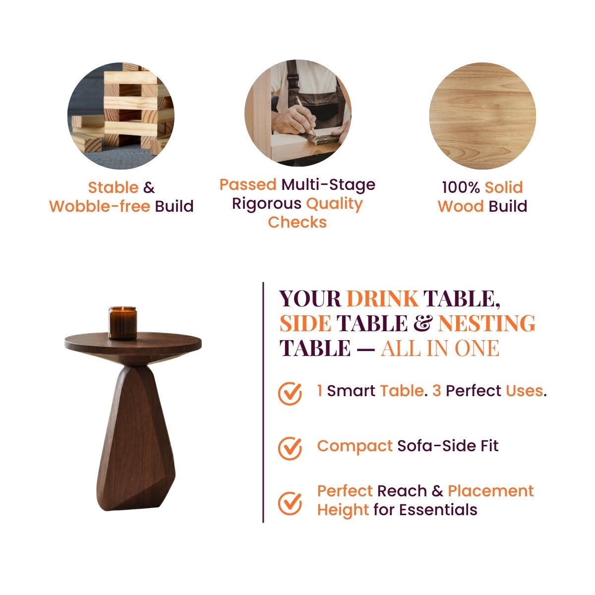Gravity Wooden Centre Table & Side Table Combo - Centre Tables - Gharaana