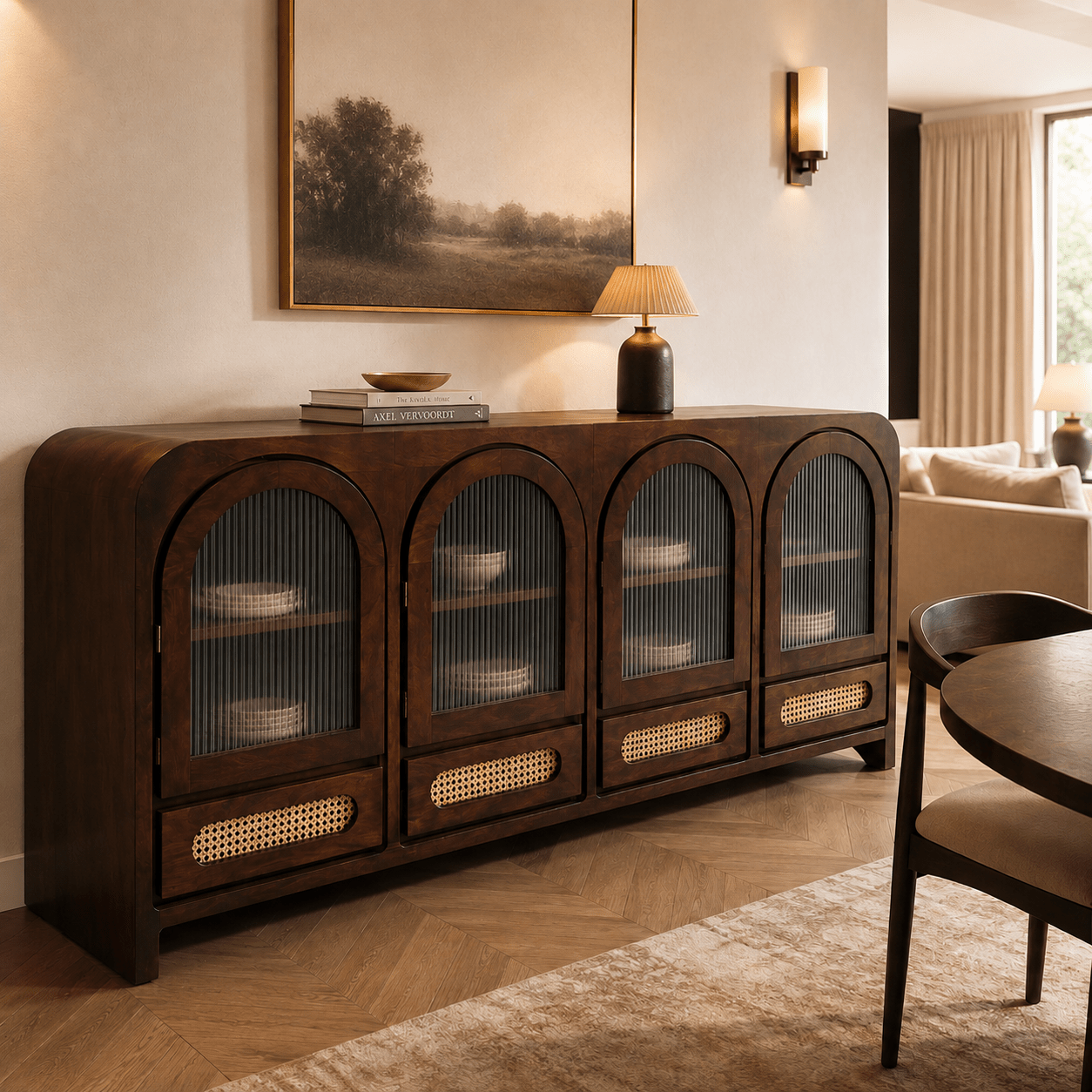 Vyut Wooden 70" Crockery Cabinet with Fluted Glass - Credenza Hutches - Gharaana