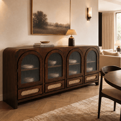 Vyut Wooden 70" Crockery Cabinet with Fluted Glass - Credenza Hutches - Gharaana