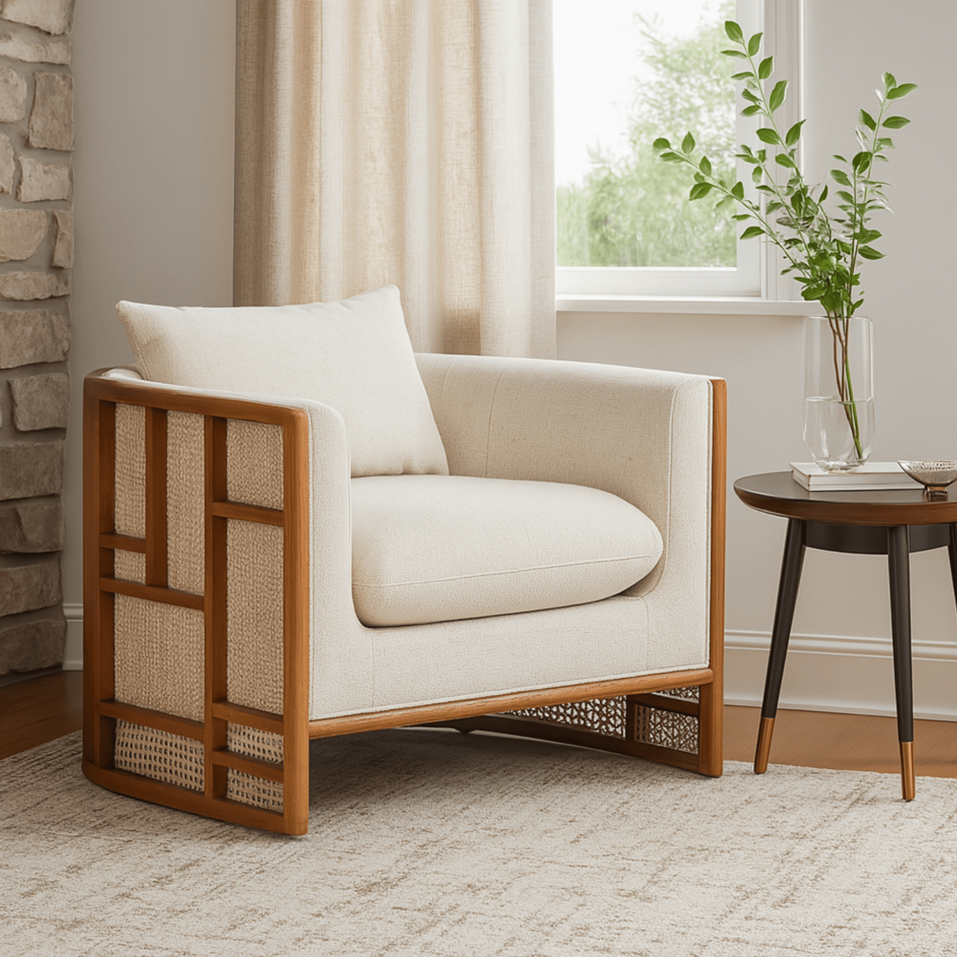Veda Wooden Upholstered Armchair - Armchairs - Gharaana