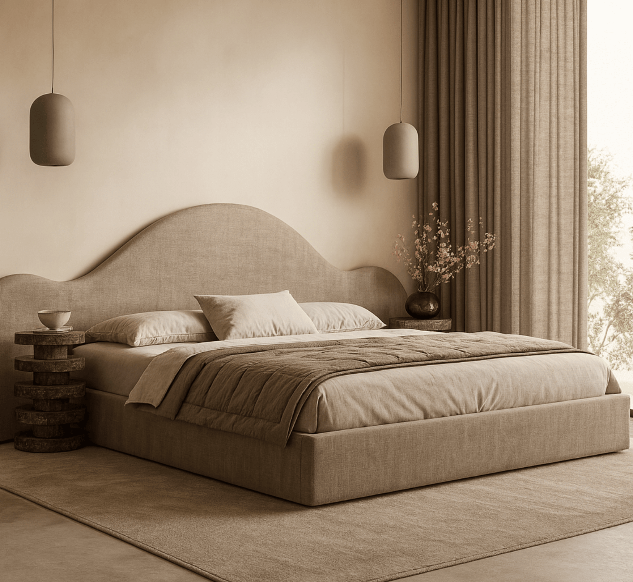 Uru 100% Solid Wood Upholstered Bed - Beds - Gharaana