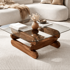 Kaira Glass Top Solid Wood Center Table - Centre Tables - Gharaana