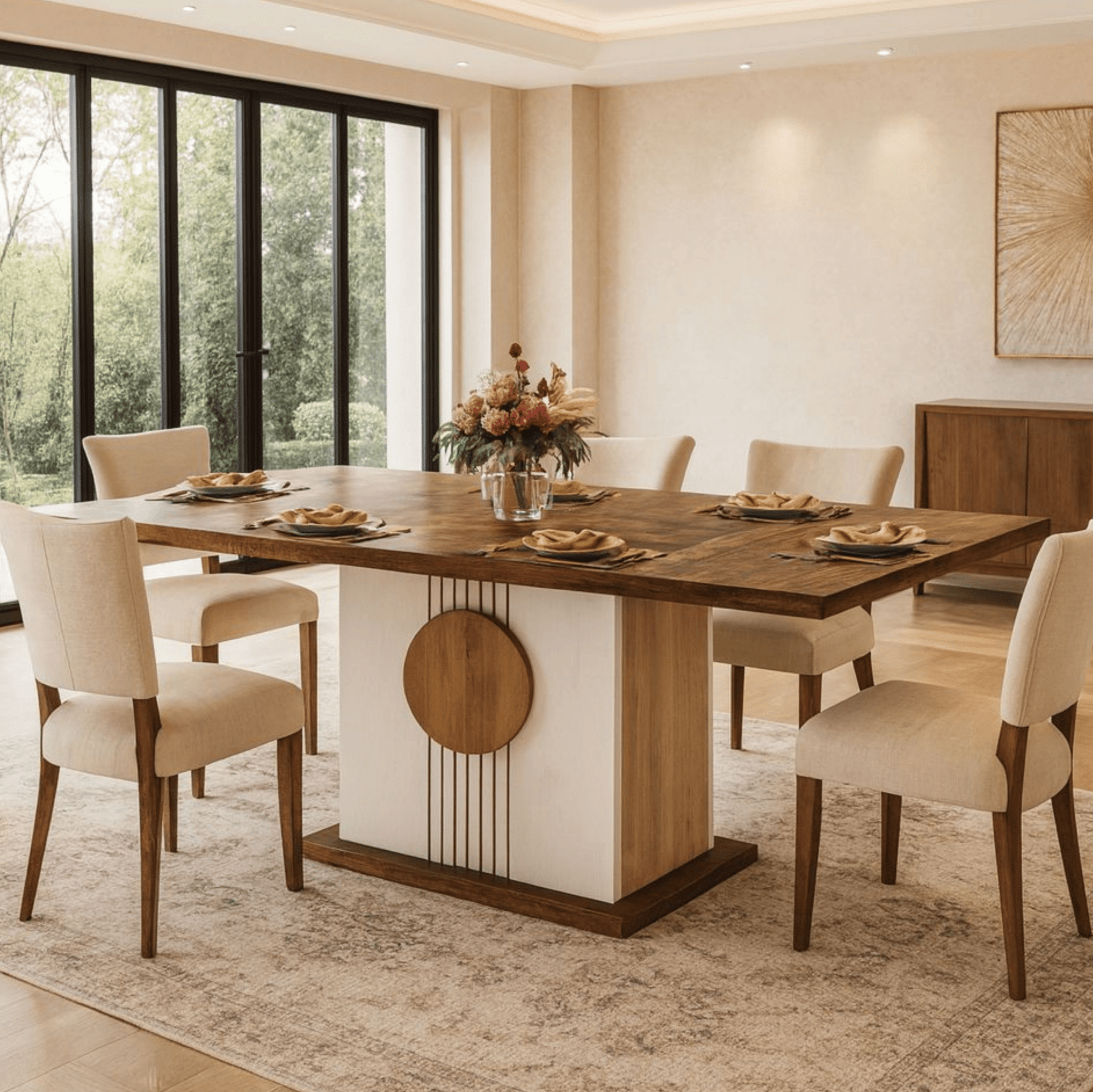 Sunburst Wooden Dining Table Set - Dining Set - Gharaana