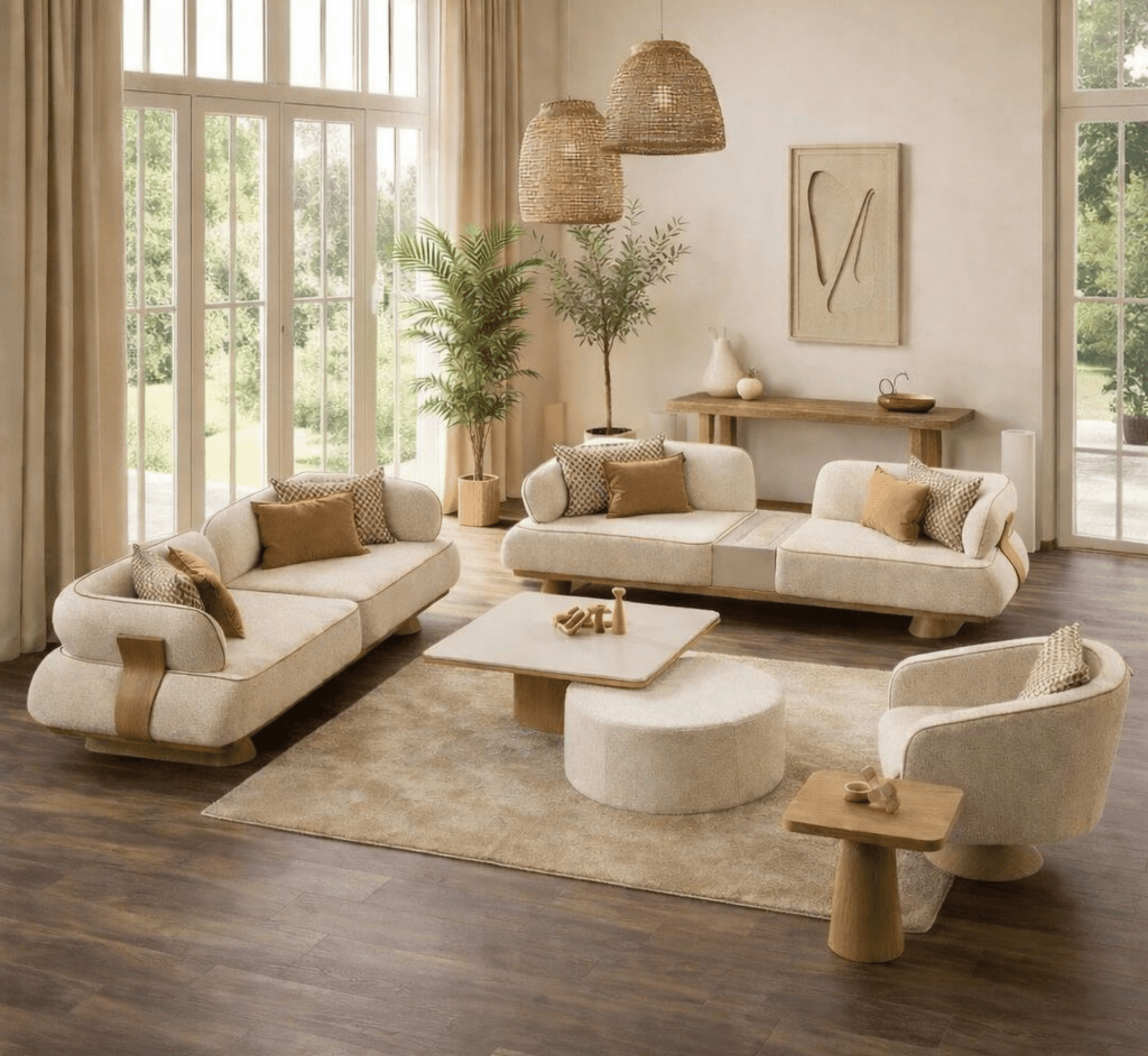 Crest Plush Wooden Upholstered Sofa Set - Sofas - Gharaana