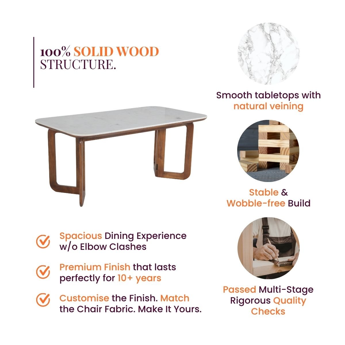 Leila 6-Seater Marble-Top Wooden Dining Table Set - Dining Set - Gharaana