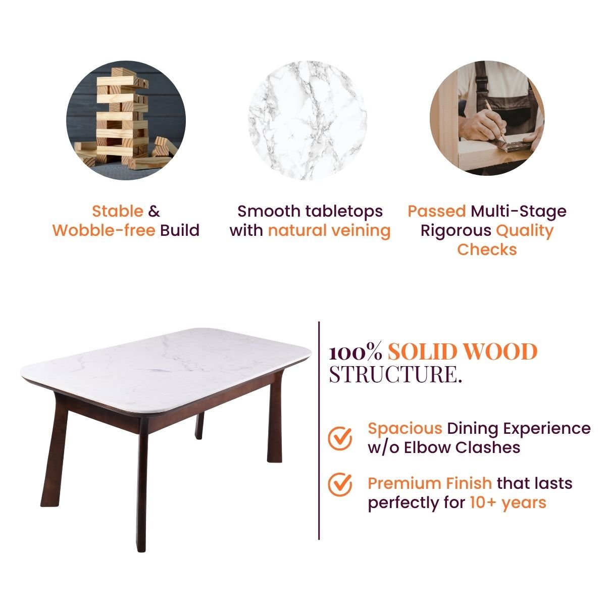 Panache Marble-Top Wooden Dining Table Set - Dining Set - Gharaana