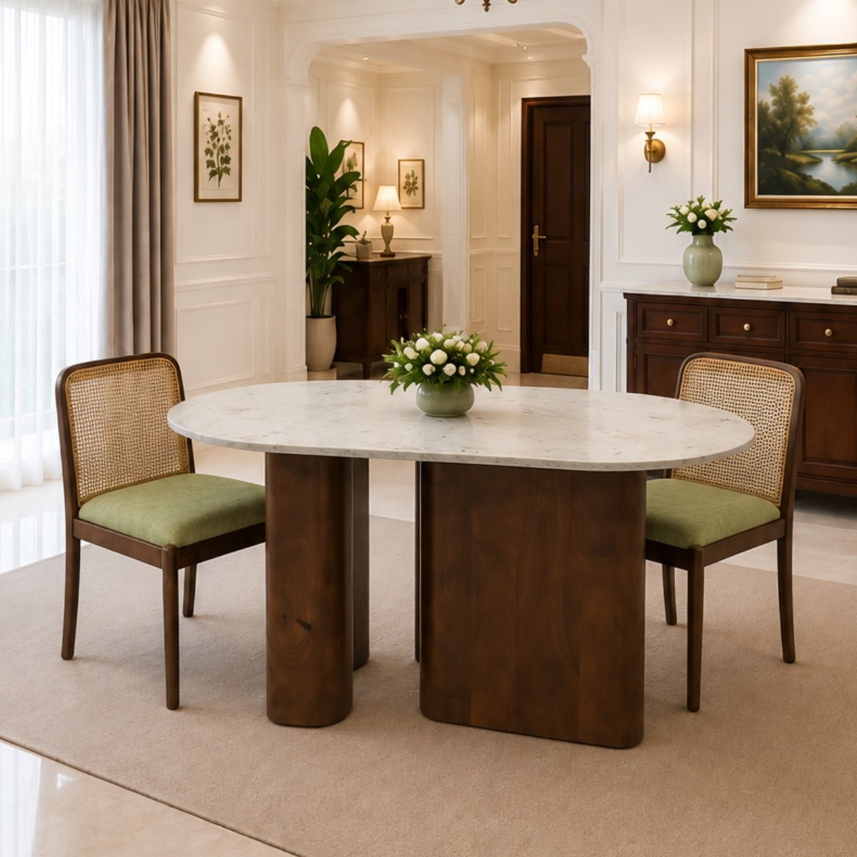 Lok Marble-Top Wooden Dining Table Set - Dining Set - Gharaana