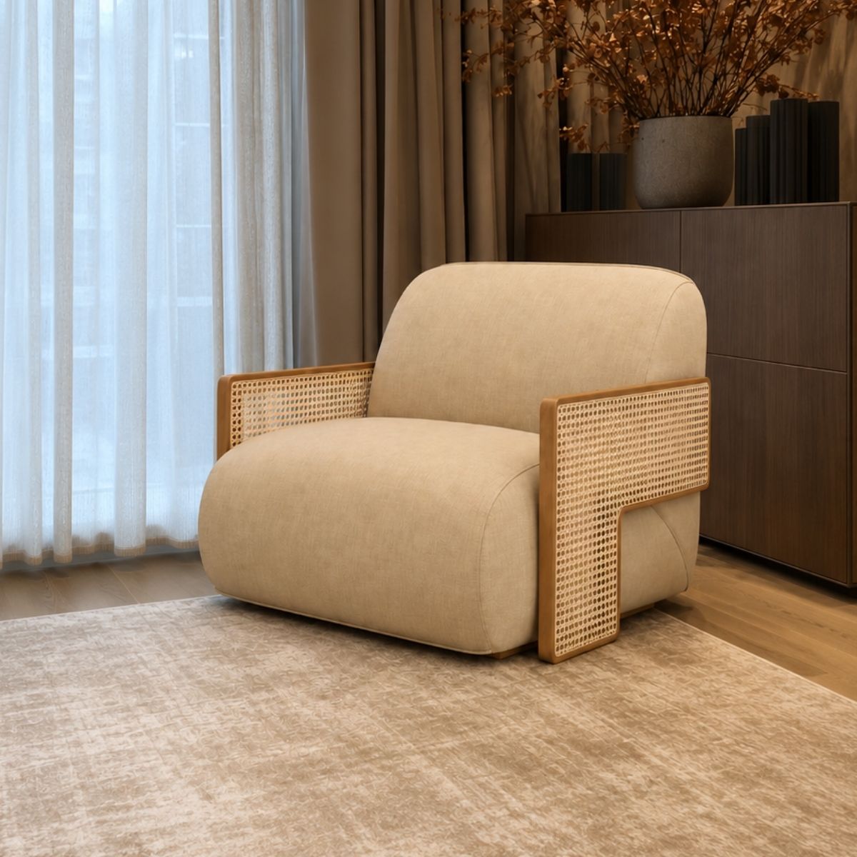 Samaara Wooden Plush Armchair - Armchairs - Gharaana