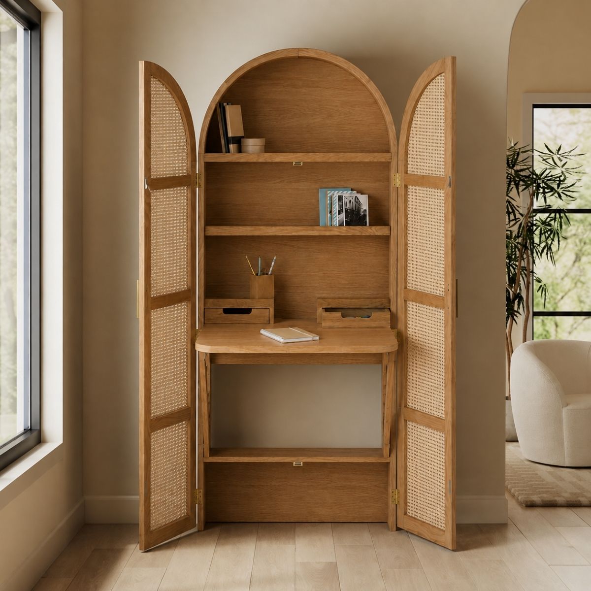 Hampton Wooden & Cane Home Office Working Desk - Office Desk - Gharaana