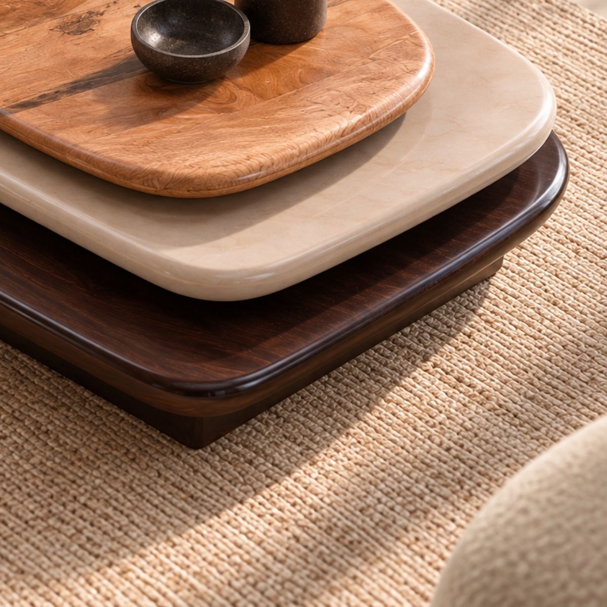 Pebble Rotating 3-Tier Solid Wood Coffee Table - Centre Tables - Gharaana