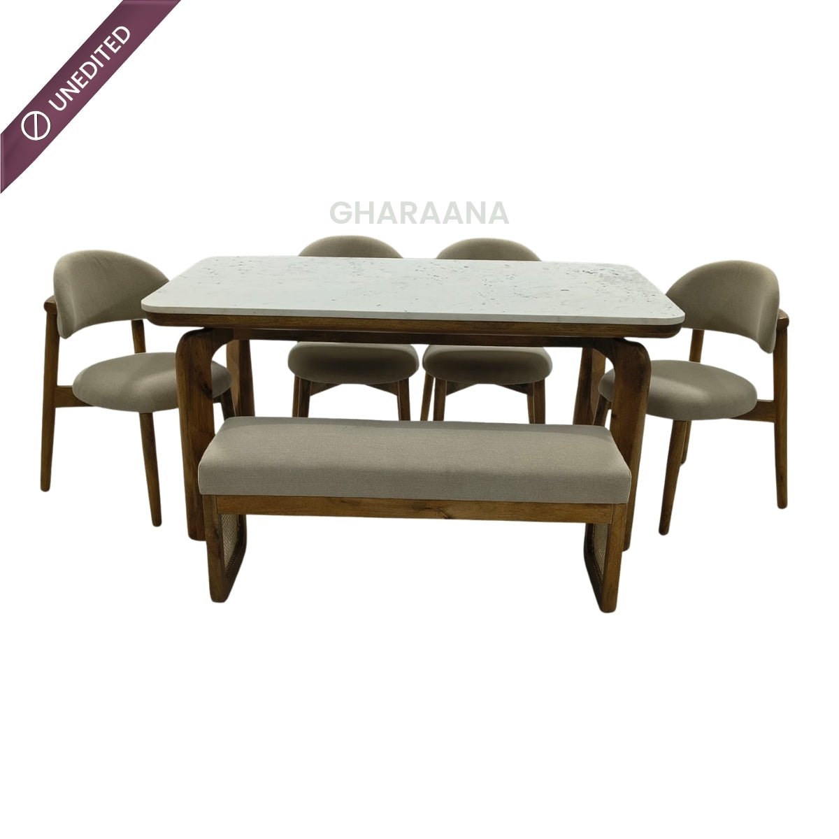 Vuta Marble-Top Wooden Dining Table Set - Dining Set - Gharaana