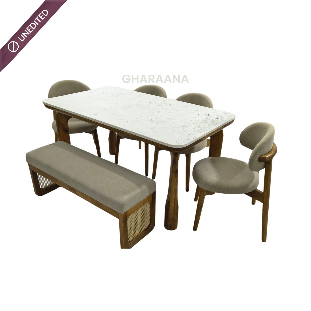 Vuta Marble-Top Wooden Dining Table Set - Dining Set - Gharaana