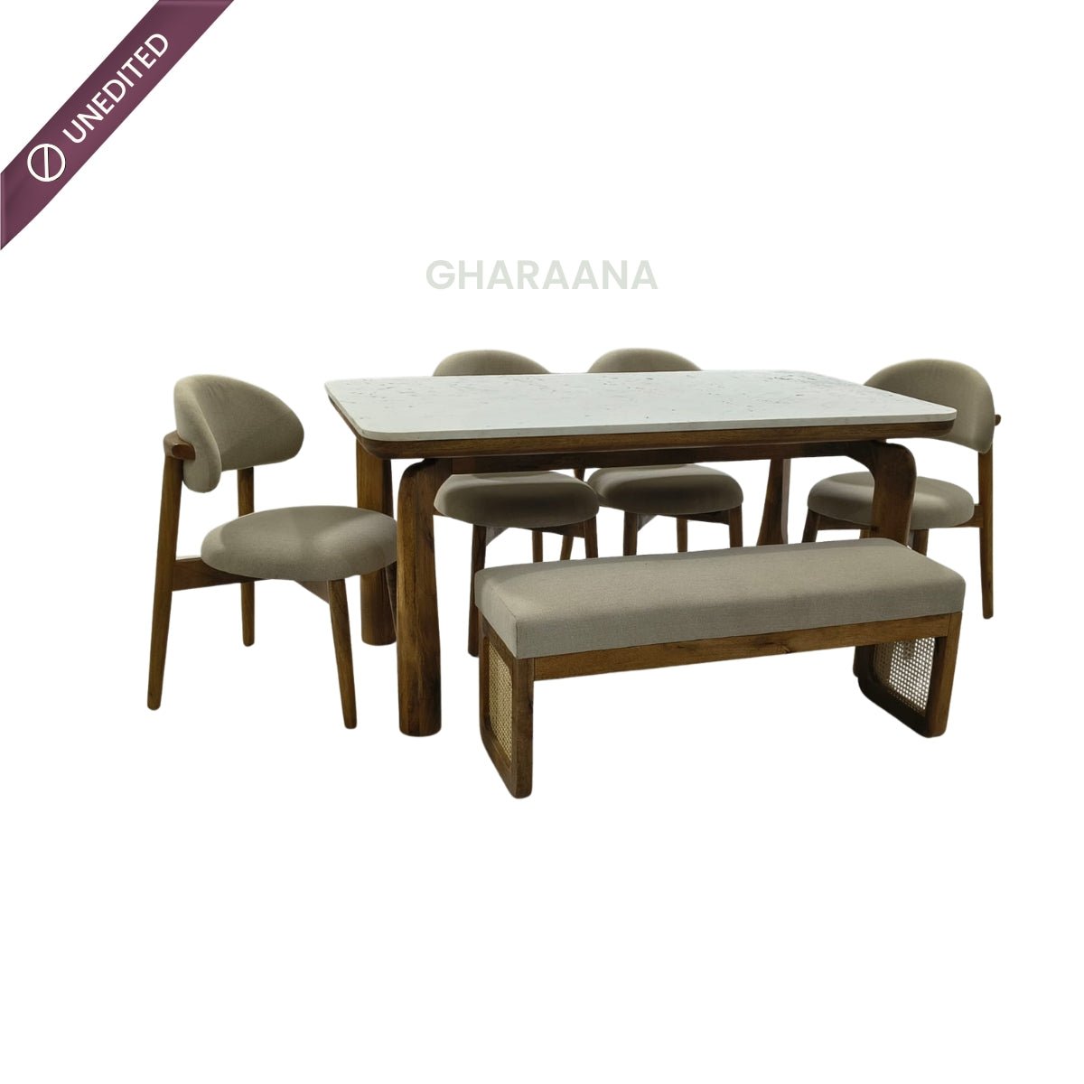 Vuta Marble-Top Wooden Dining Table Set - Dining Set - Gharaana