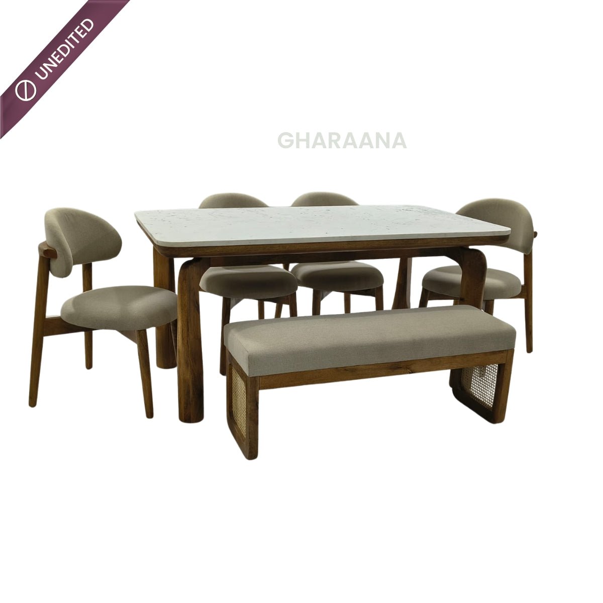 Vuta Marble-Top Wooden Dining Table Set - Dining Set - Gharaana
