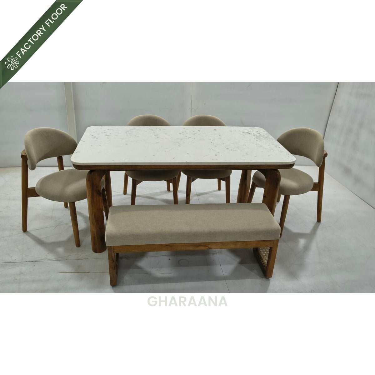Vuta Marble-Top Wooden Dining Table Set - Dining Set - Gharaana