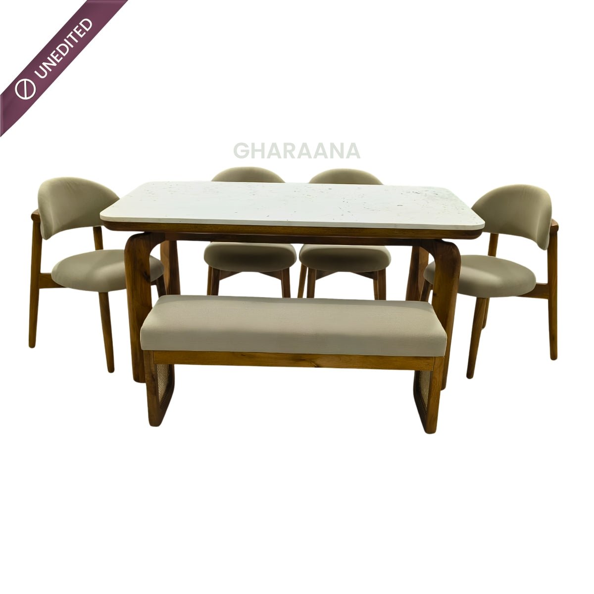 Vuta Marble-Top Wooden Dining Table Set - Dining Set - Gharaana
