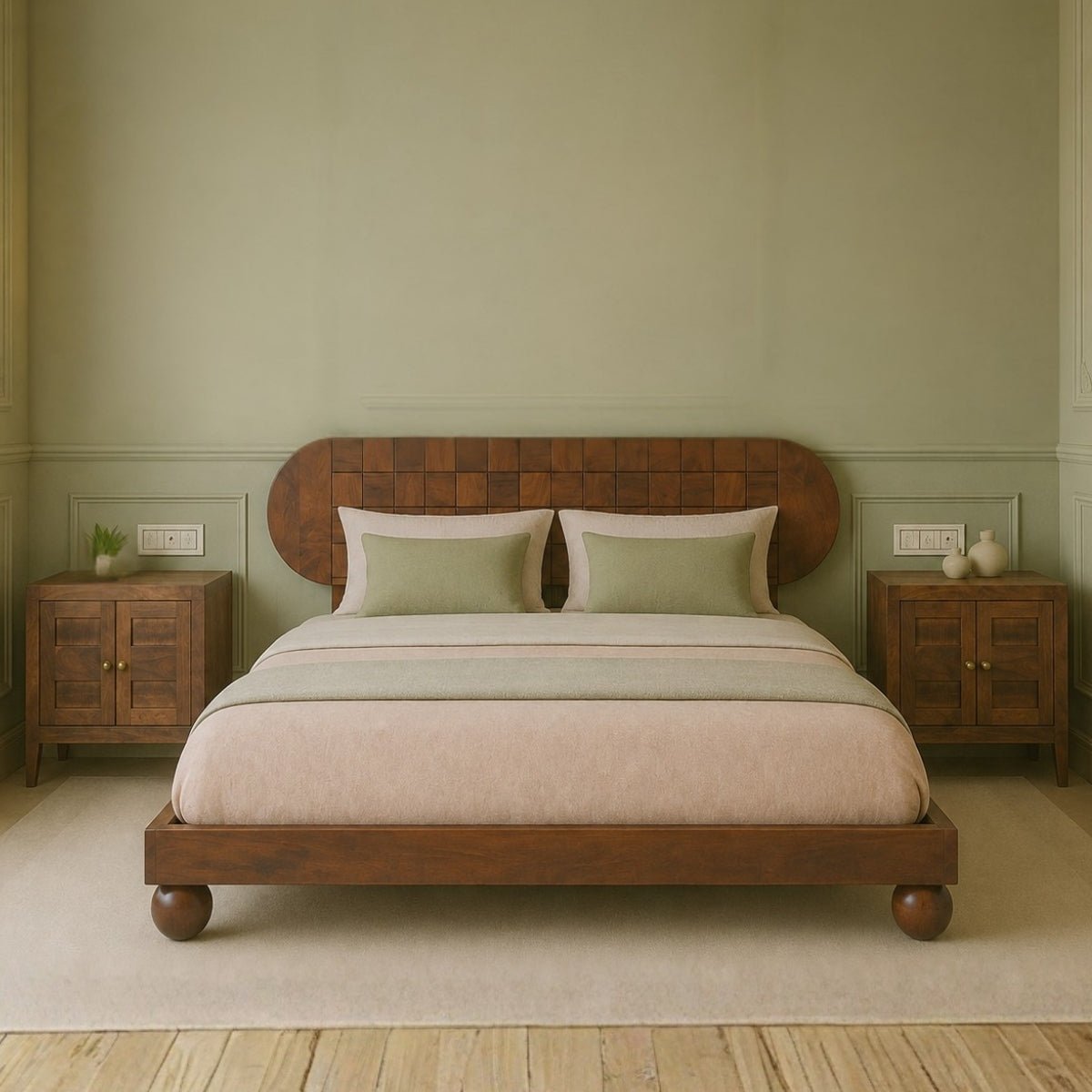 Isha 100% Solid Wood Bed with Bedside Tables - Beds - Gharaana