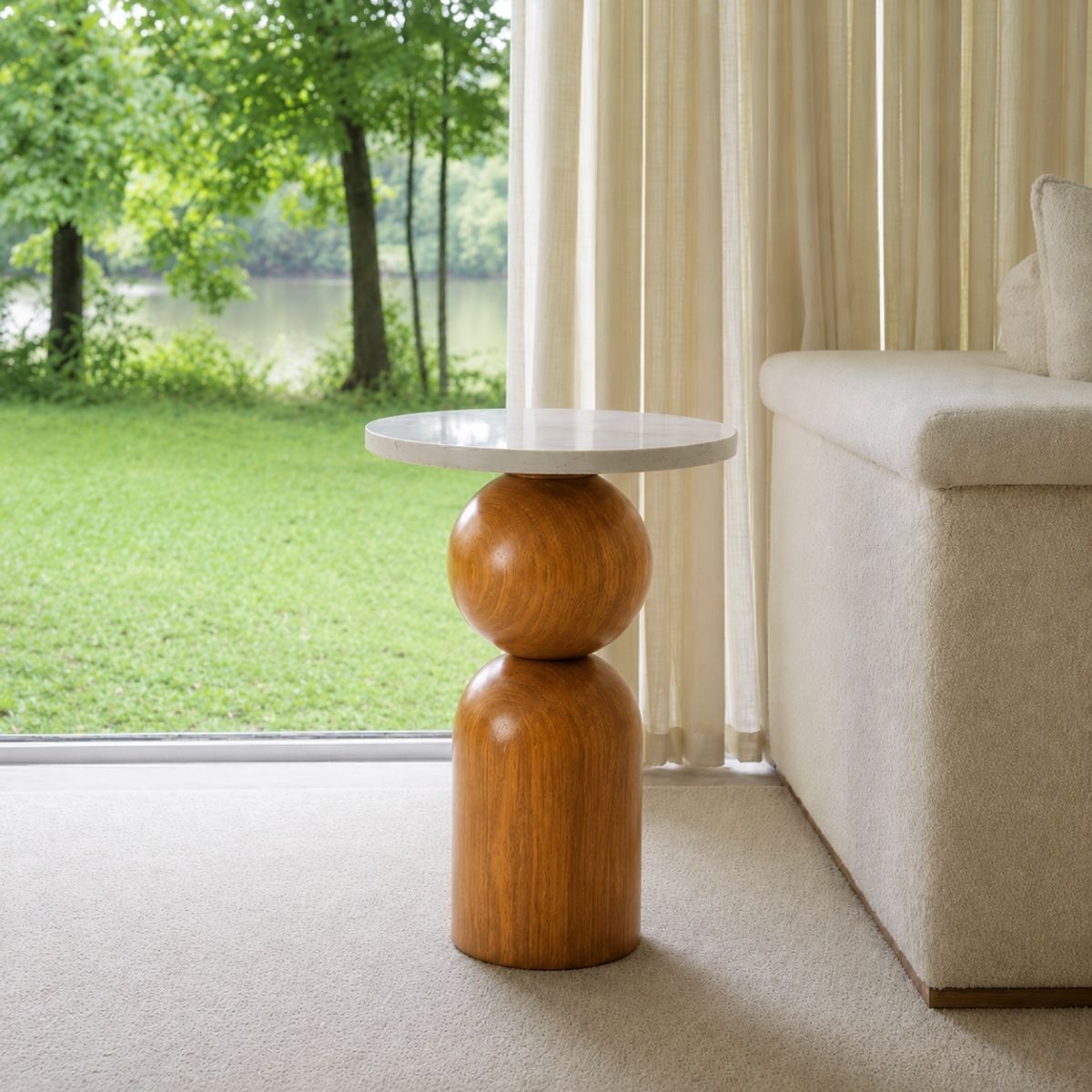 Dove Marble-Top Wooden Side Table - Side Tables - Gharaana