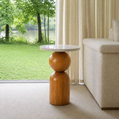 Dove Marble-Top Wooden Side Table - Side Tables - Gharaana
