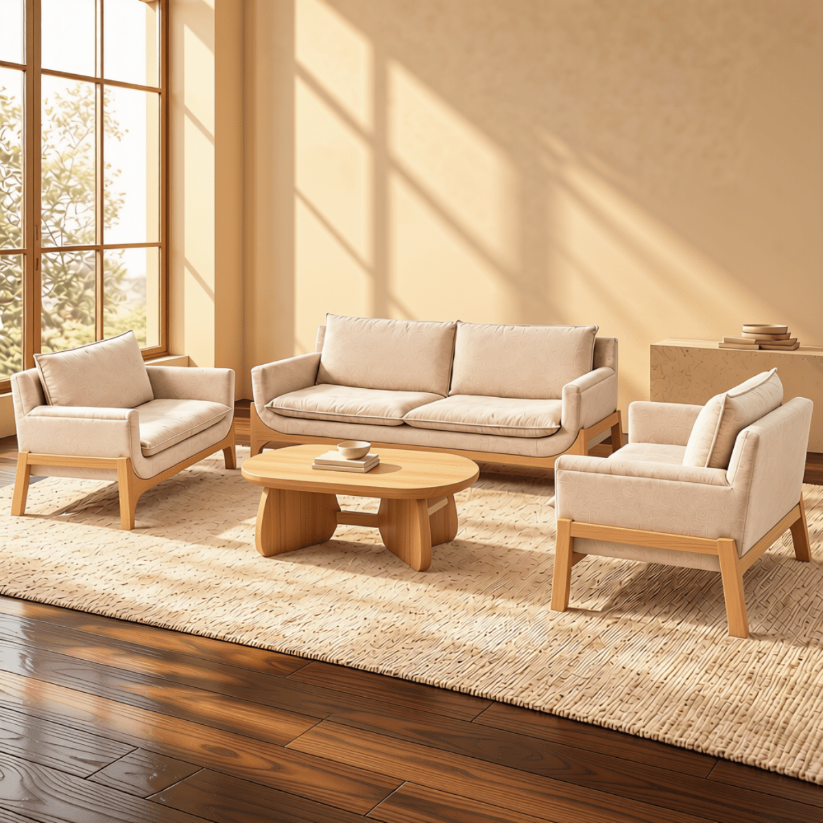 Raya 3-Seater Wooden Upholstered Sofa - Sofas - Gharaana
