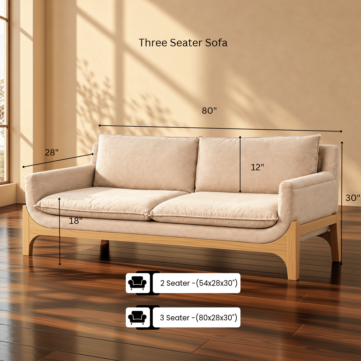 Raya 3-Seater Wooden Upholstered Sofa - Sofas - Gharaana