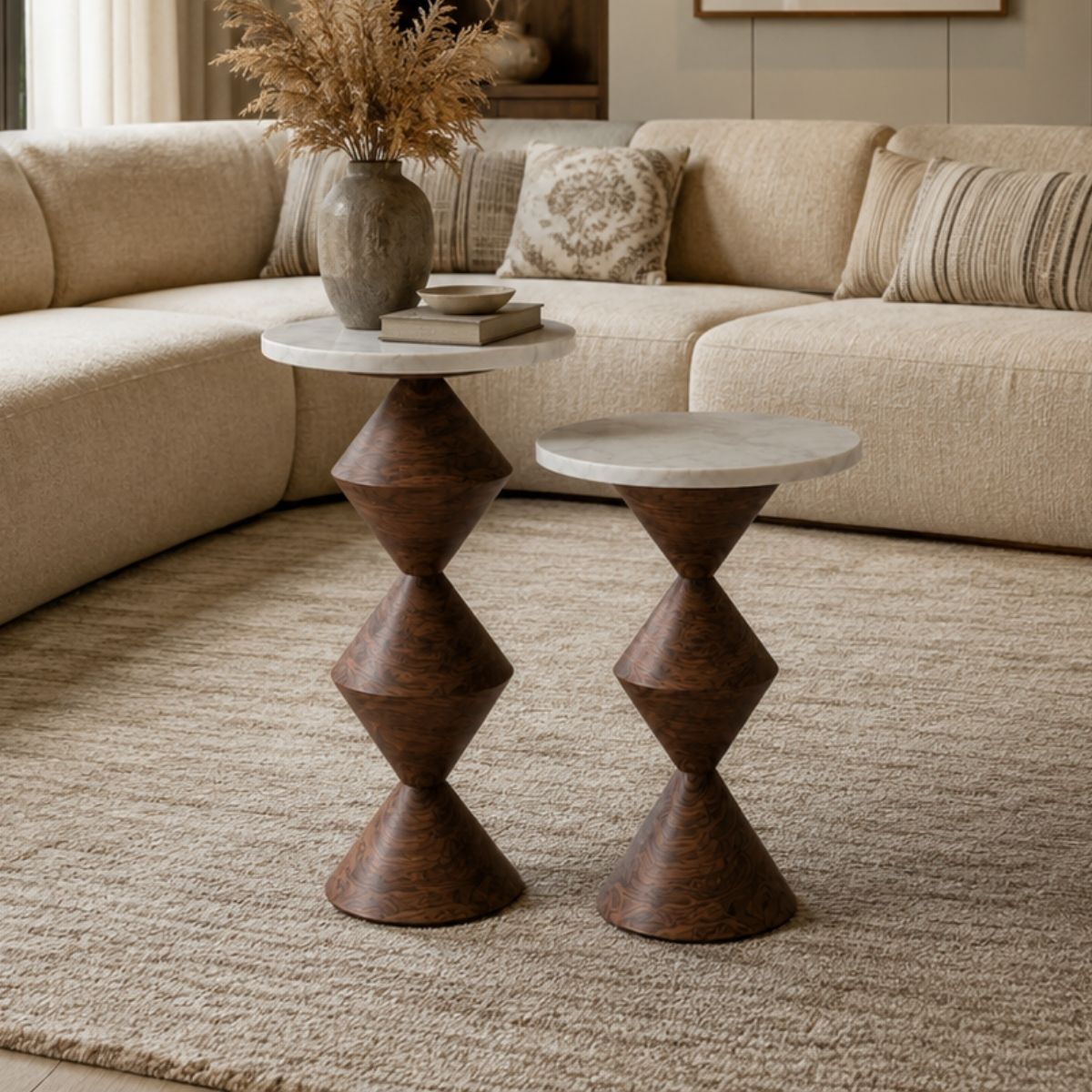 Cornett Marble-Top Wooden Side Table - Set of 2 - Side Tables - Gharaana
