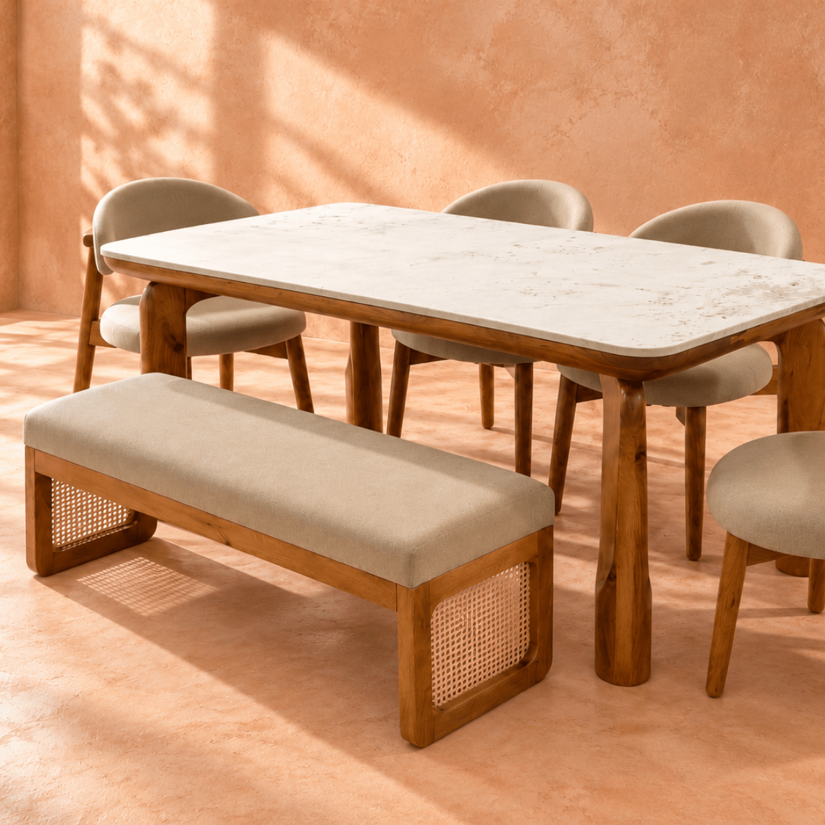 Harmony Plush Wooden Bench - Dining Chairs - Gharaana