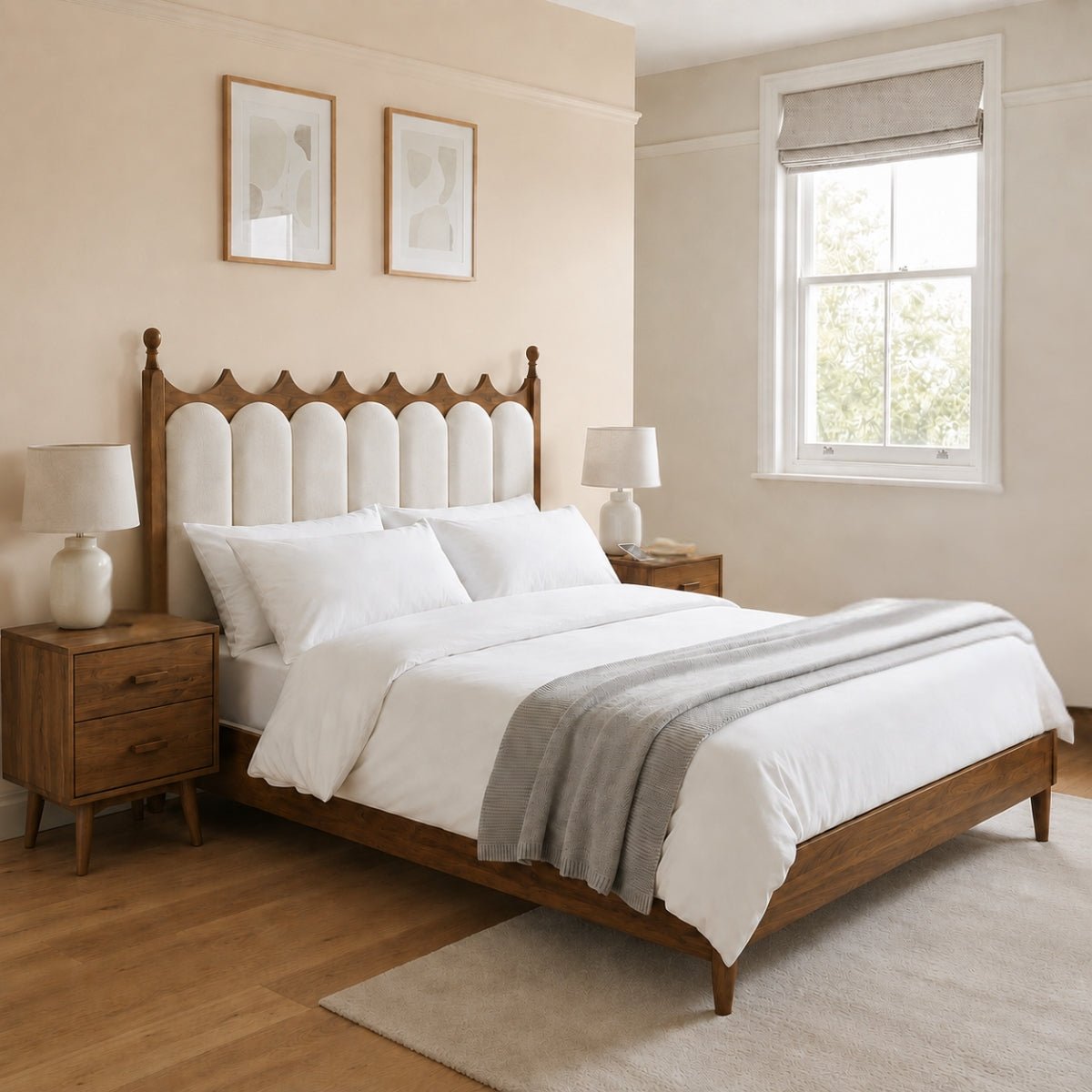 Ellora 100% Solid Wood Upholstered Bed with Bedside Tables - Beds - Gharaana