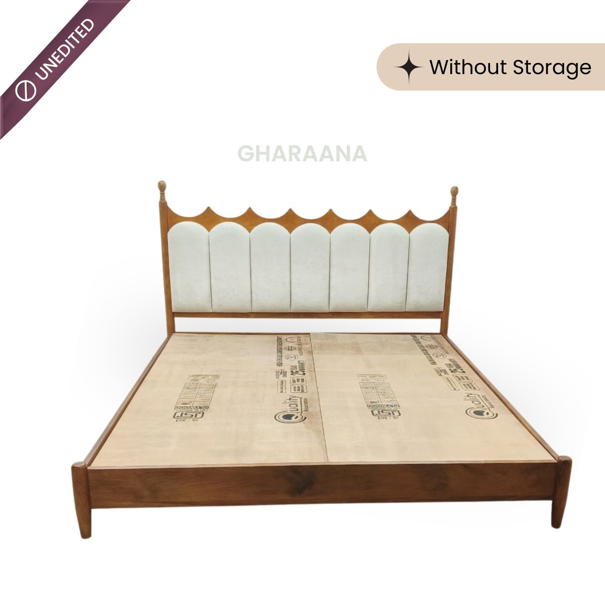 Ellora 100% Solid Wood Upholstered Bed with Bedside Tables - Beds - Gharaana