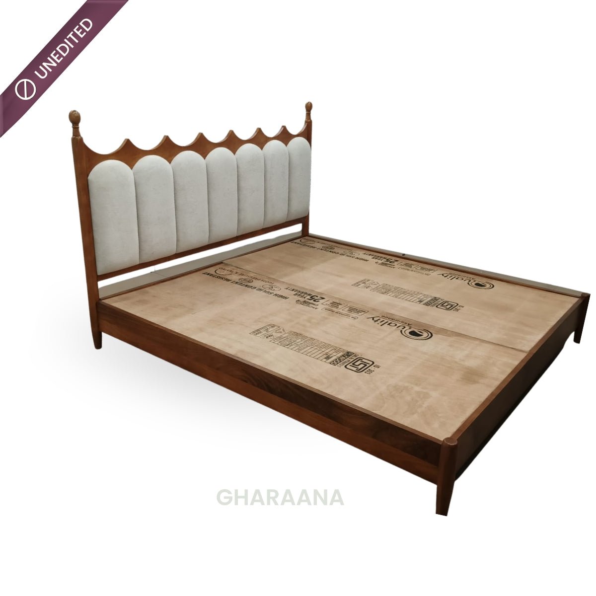 Ellora 100% Solid Wood Upholstered Bed with Bedside Tables - Beds - Gharaana