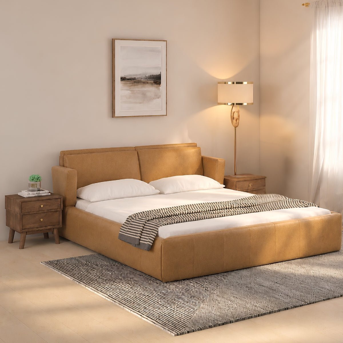 Harvey 100% Solid Wood Leatherette Bed with Bedside Tables - Beds - Gharaana