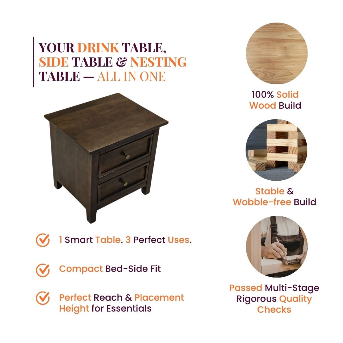 Kavya Wooden Bedside Table - Bedsides - Gharaana