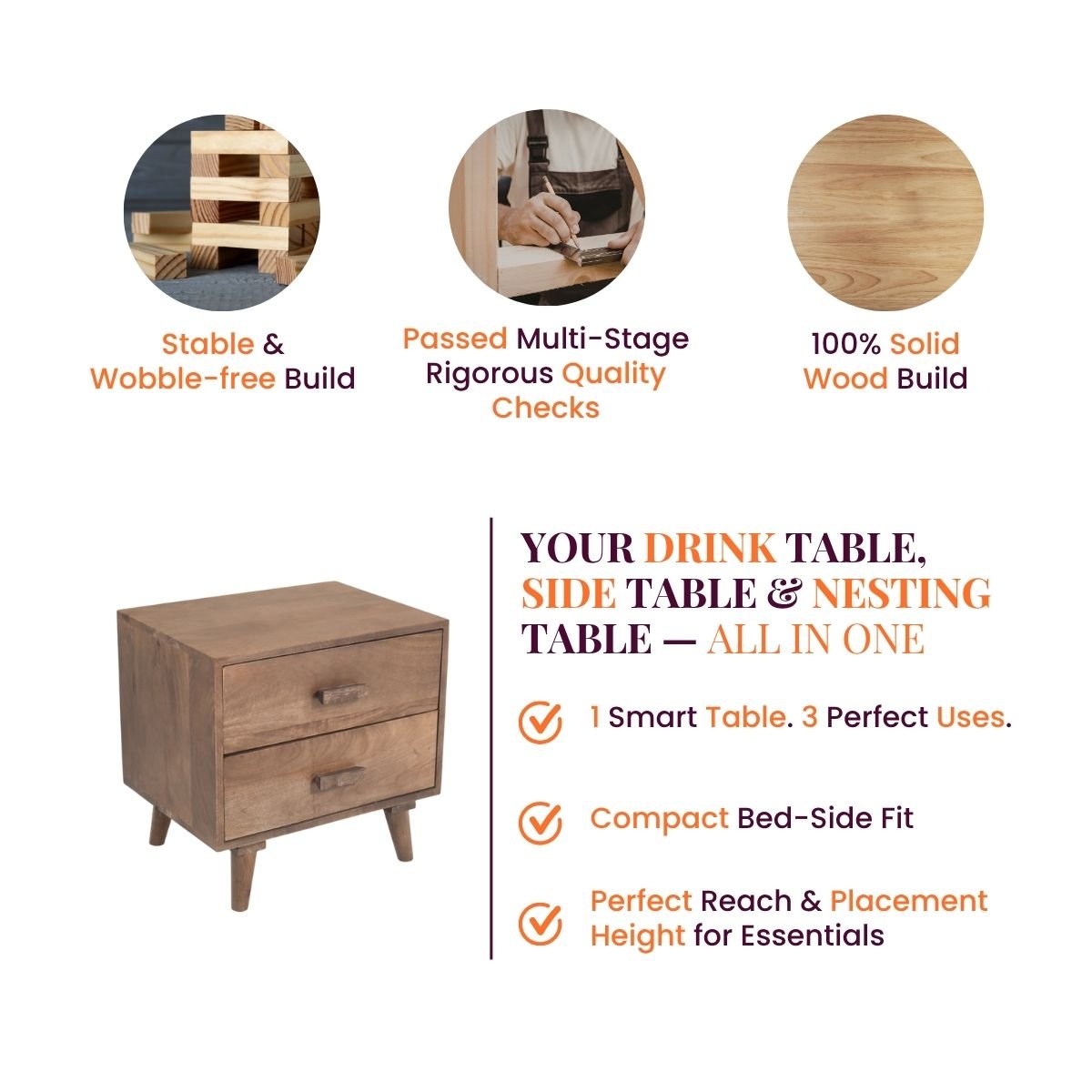 Ellora Wooden Bedside Table - Bedsides - Gharaana