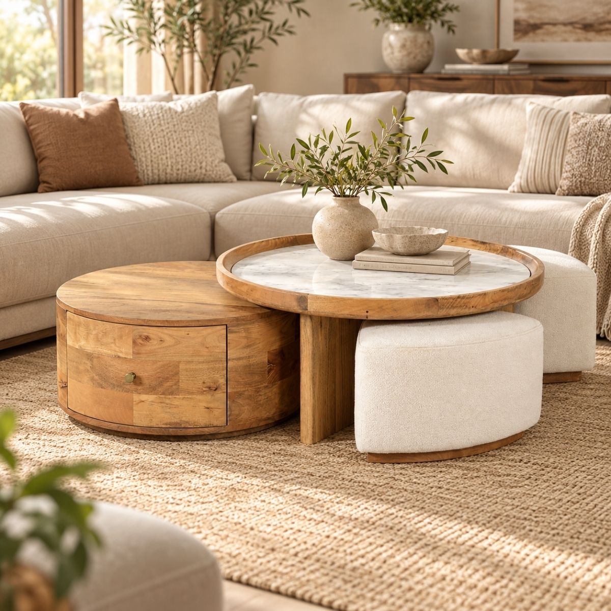 Cara Nesting Storage Solid Wood Centre Table with Seating - Centre Tables - Gharaana
