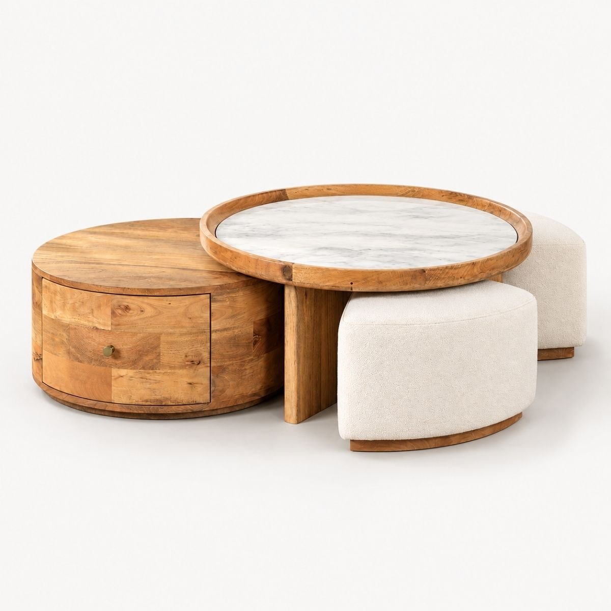 Cara Nesting Storage Solid Wood Centre Table with Seating - Centre Tables - Gharaana