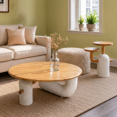 Aurum Round Stone Finish Coffee Table & Side Table Combo - Centre Tables - Gharaana