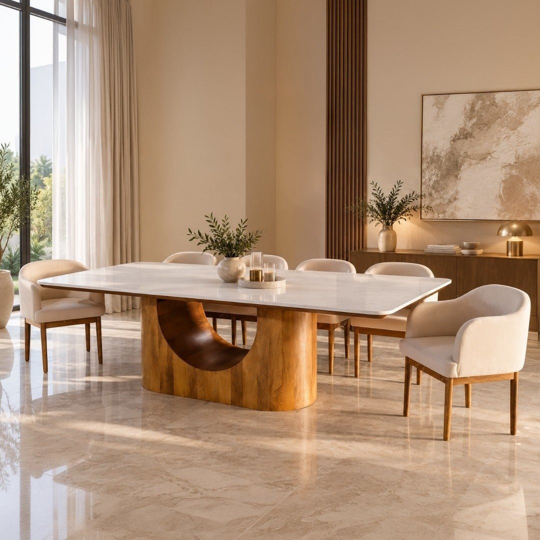 Bruno Marble-Top Wooden Dining Table Set - Dining Set - Gharaana