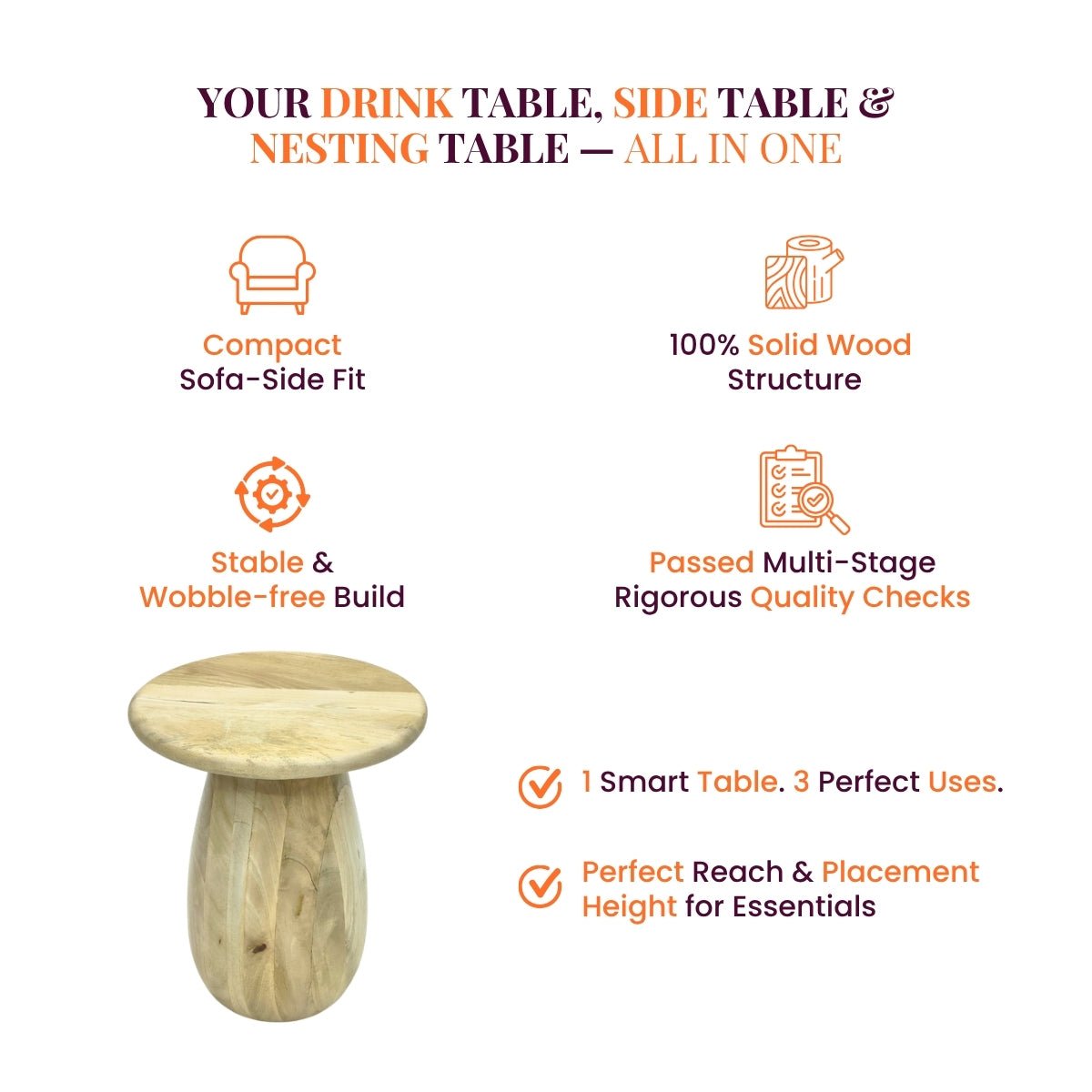 Akira Oval top Solid Wood Center Table & Side Table Combo - Centre Tables - Gharaana