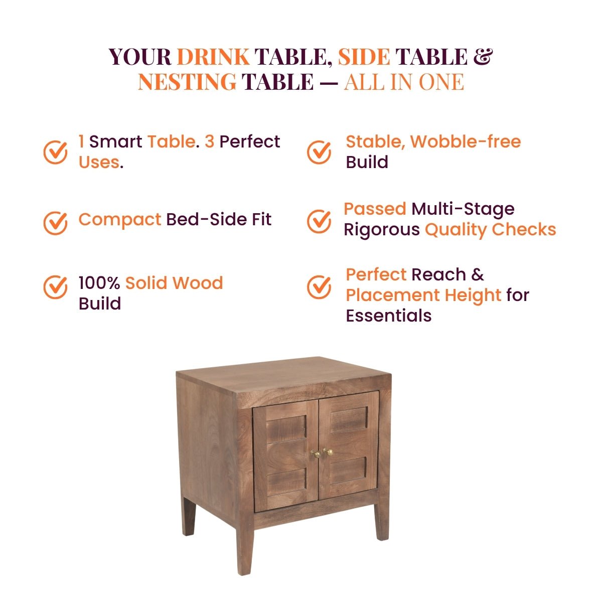 Isha 100% Solid Wood Bed with Bedside Tables - Beds - Gharaana