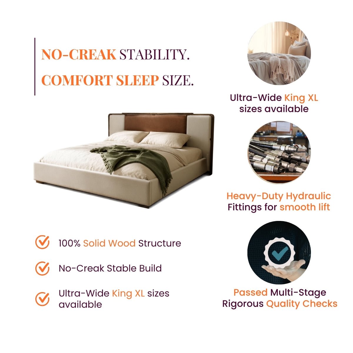 Avo 100% Solid Wood Upholstered Bed with Bedside Tables - Beds - Gharaana