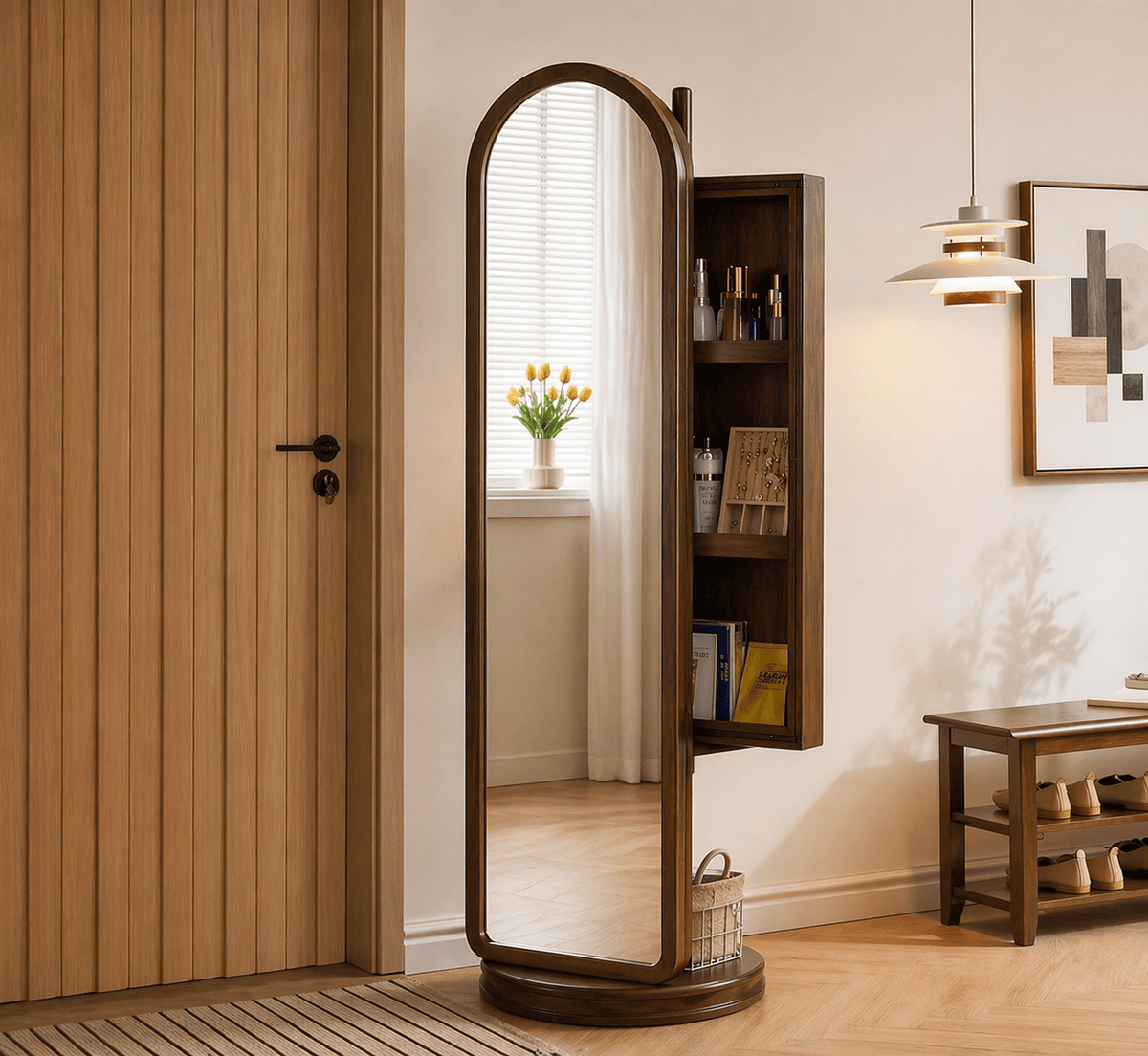 Arched Wooden Full-Length Mirror with Storage