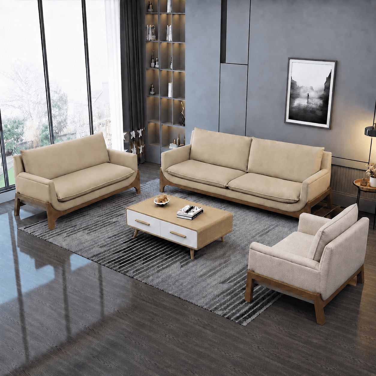Raya 3-Seater Wooden Upholstered Sofa - Sofas - Gharaana