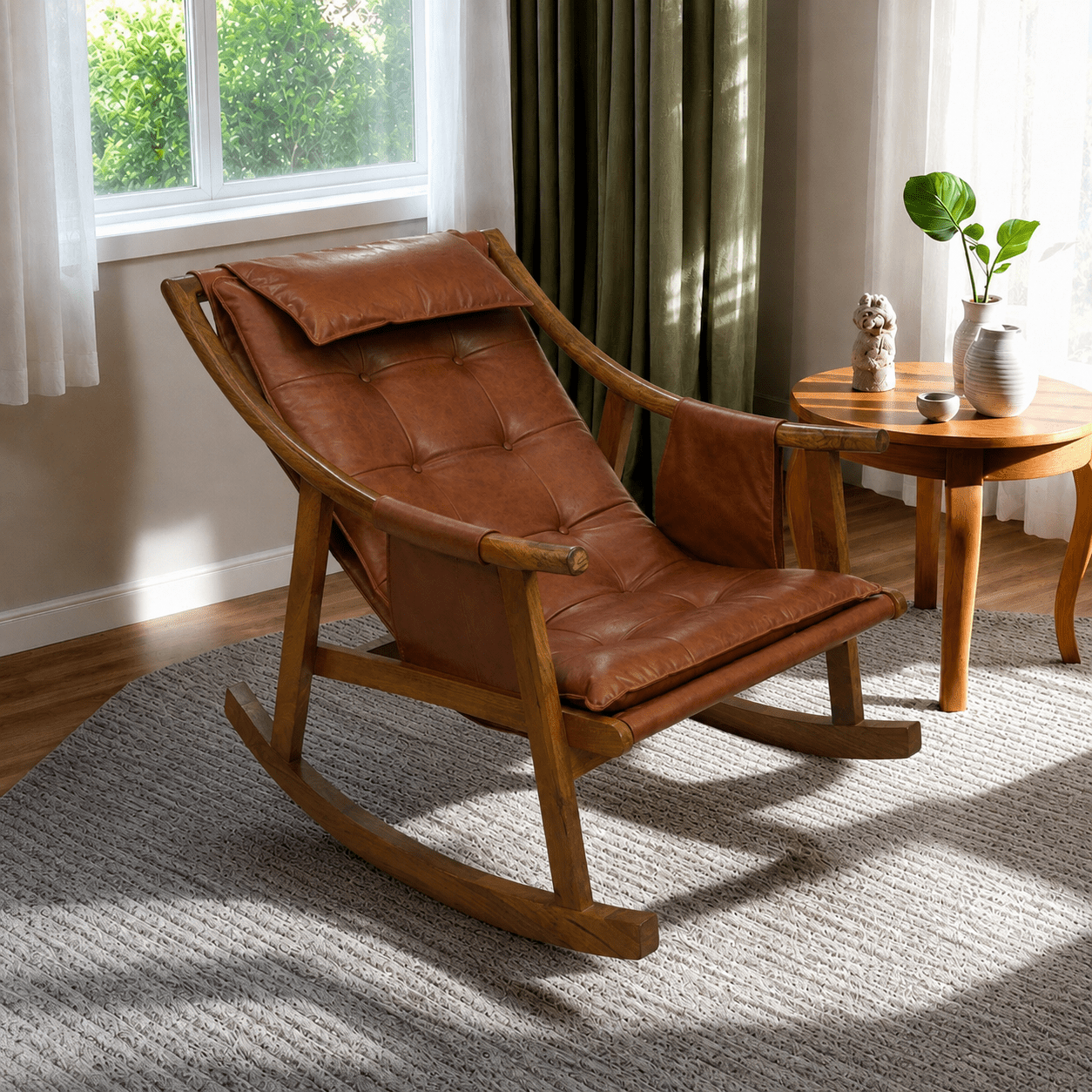 Reeva Leather Rocking Chair - Armchairs - Gharaana